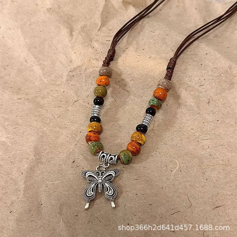 Wholesale New Chinese ethnic style retro ceramic butterfly beaded clavicle necklace